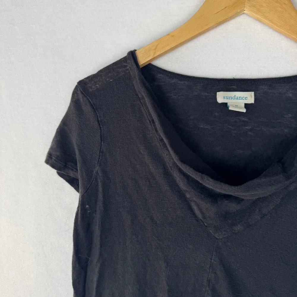 Sundance Womens Black 100% Linen Short Sleeve V-Neck Cowl Tee Shirt Size M